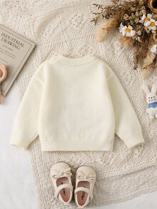 SHEIN Baby Girl Winter Clothing, Vintage Floral Embroidered Knit Sweater, Cute Green Flower Round Neck Pullover, Warm Comfortable Versatile - White - View 2