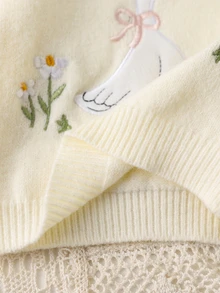 SHEIN Baby Girl Winter Clothing, Vintage Floral Embroidered Knit Sweater, Cute Green Flower Round Neck Pullover, Warm Comfortable Versatile - White - View 8
