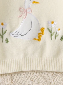 SHEIN Baby Girl Winter Clothing, Vintage Floral Embroidered Knit Sweater, Cute Green Flower Round Neck Pullover, Warm Comfortable Versatile - White - View 7