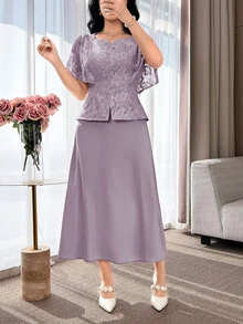 Feyla Women's Floral Print Top And Skirt 2 Pieces Set, Fashionable For Parties - Purple - View 4
