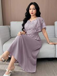 Feyla Women's Floral Print Top And Skirt 2 Pieces Set, Fashionable For Parties - Purple - View 2