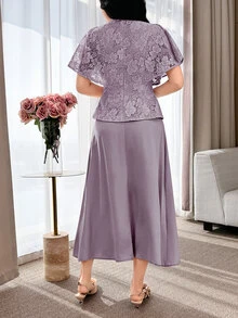 Feyla Women's Floral Print Top And Skirt 2 Pieces Set, Fashionable For Parties - Purple - View 3