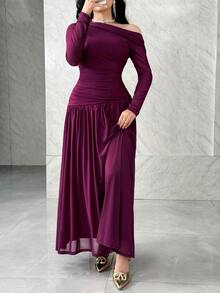 Feyla Women's Elegant Solid Color Oblique Shoulder Ruched Flowy Dress, Autumn - Red Violet - View 5