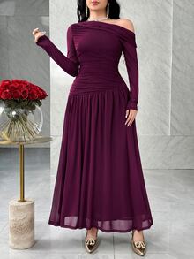 Feyla Women's Elegant Solid Color Oblique Shoulder Ruched Flowy Dress, Autumn - Red Violet - View 3