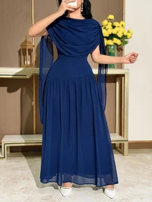 Feyla Women's Elegant Party Dinner Official Solid Color Ruched Mid-Length Dress Wedding Navy Blue Summer - Navy Blue - View 6