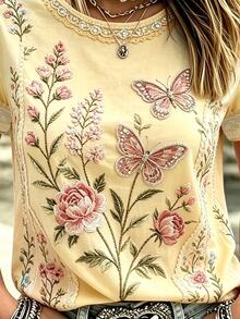 Breezaya Women Boho Color Block Floral Print Short Sleeve Crew Neck Western Casual TShirt - Multicolor - View 3