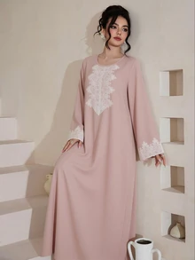 SHEIN Najma Soft Light Pink Lace Applique Long Sleeve Long Tunic, Conservative Daily Commute Style - Pink - View 7