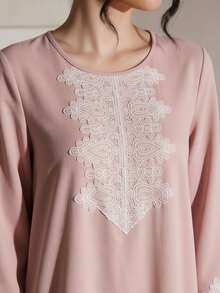 SHEIN Najma Soft Light Pink Lace Applique Long Sleeve Long Tunic, Conservative Daily Commute Style - Pink - View 3
