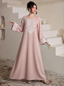SHEIN Najma Soft Light Pink Lace Applique Long Sleeve Long Tunic, Conservative Daily Commute Style - Pink - View 1