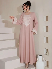 SHEIN Najma Soft Light Pink Lace Applique Long Sleeve Long Tunic, Conservative Daily Commute Style - Pink - View 4