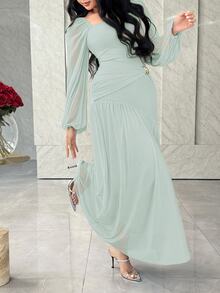 Feyla Women's Spring/Summer Elegant Elegant Soft Square Neck Lantern Sleeve Ruched Waist Dress - Green - View 5