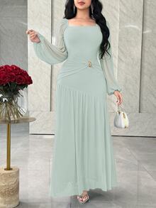 Feyla Women's Spring/Summer Elegant Elegant Soft Square Neck Lantern Sleeve Ruched Waist Dress - Green - View 4