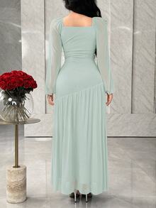 Feyla Women's Spring/Summer Elegant Elegant Soft Square Neck Lantern Sleeve Ruched Waist Dress - Green - View 2