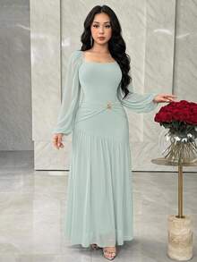 Feyla Women's Spring/Summer Elegant Elegant Soft Square Neck Lantern Sleeve Ruched Waist Dress - Green - View 1