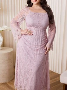 Feyla Plus Size Elegant Solid Color Lace Dress Elegant Party Dresses Fall - Pink - View 6