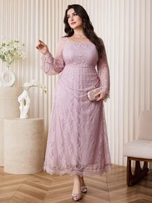 Feyla Plus Size Elegant Solid Color Lace Dress Elegant Party Dresses Fall - Pink - View 5