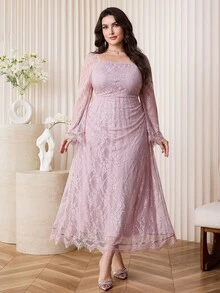Feyla Plus Size Elegant Solid Color Lace Dress Elegant Party Dresses Fall - Pink - View 4