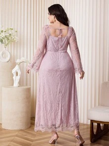 Feyla Plus Size Elegant Solid Color Lace Dress Elegant Party Dresses Fall - Pink - View 2