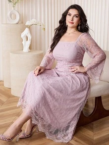 Feyla Plus Size Elegant Solid Color Lace Dress Elegant Party Dresses Fall - Pink - View 7