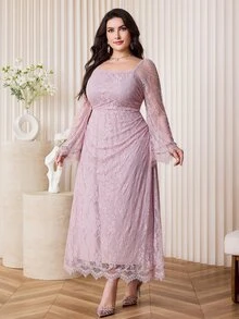 Feyla Plus Size Elegant Solid Color Lace Dress Elegant Party Dresses Fall - Pink - View 3