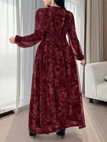 Feyla Plus Size Elegant Celestial Butterfly Print Waist Cinched Long Dress Autumn Wedding Dinner Party Formal Dark Purple - Multicolor - View 3