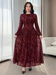 Feyla Plus Size Elegant Celestial Butterfly Print Waist Cinched Long Dress Autumn Wedding Dinner Party Formal Dark Purple - Multicolor - View 2