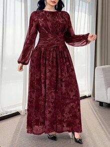 Feyla Plus Size Elegant Celestial Butterfly Print Waist Cinched Long Dress Autumn Wedding Dinner Party Formal Dark Purple - Multicolor - View 7