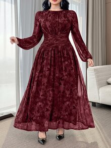 Feyla Plus Size Elegant Celestial Butterfly Print Waist Cinched Long Dress Autumn Wedding Dinner Party Formal Dark Purple - Multicolor - View 4