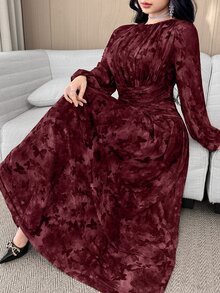 Feyla Plus Size Elegant Celestial Butterfly Print Waist Cinched Long Dress Autumn Wedding Dinner Party Formal Dark Purple - Multicolor - View 6
