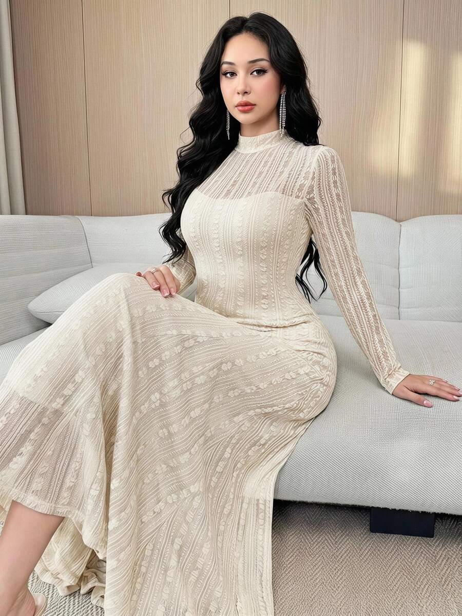 Feyla 大码女式立领长袖网纱优雅连衣裙 - 杏色 - 查看 1