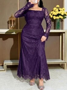 Feyla Plus Size Solid Color Square Neck Mesh Patchwork Elegant Long Sleeve Dress Autumn Wedding Dark Purple - Purple - View 4