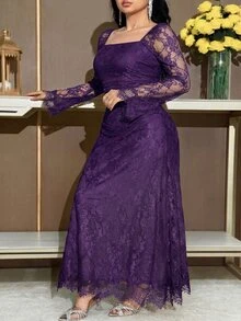 Feyla Plus Size Solid Color Square Neck Mesh Patchwork Elegant Long Sleeve Dress Autumn Wedding Dark Purple - Purple - View 5