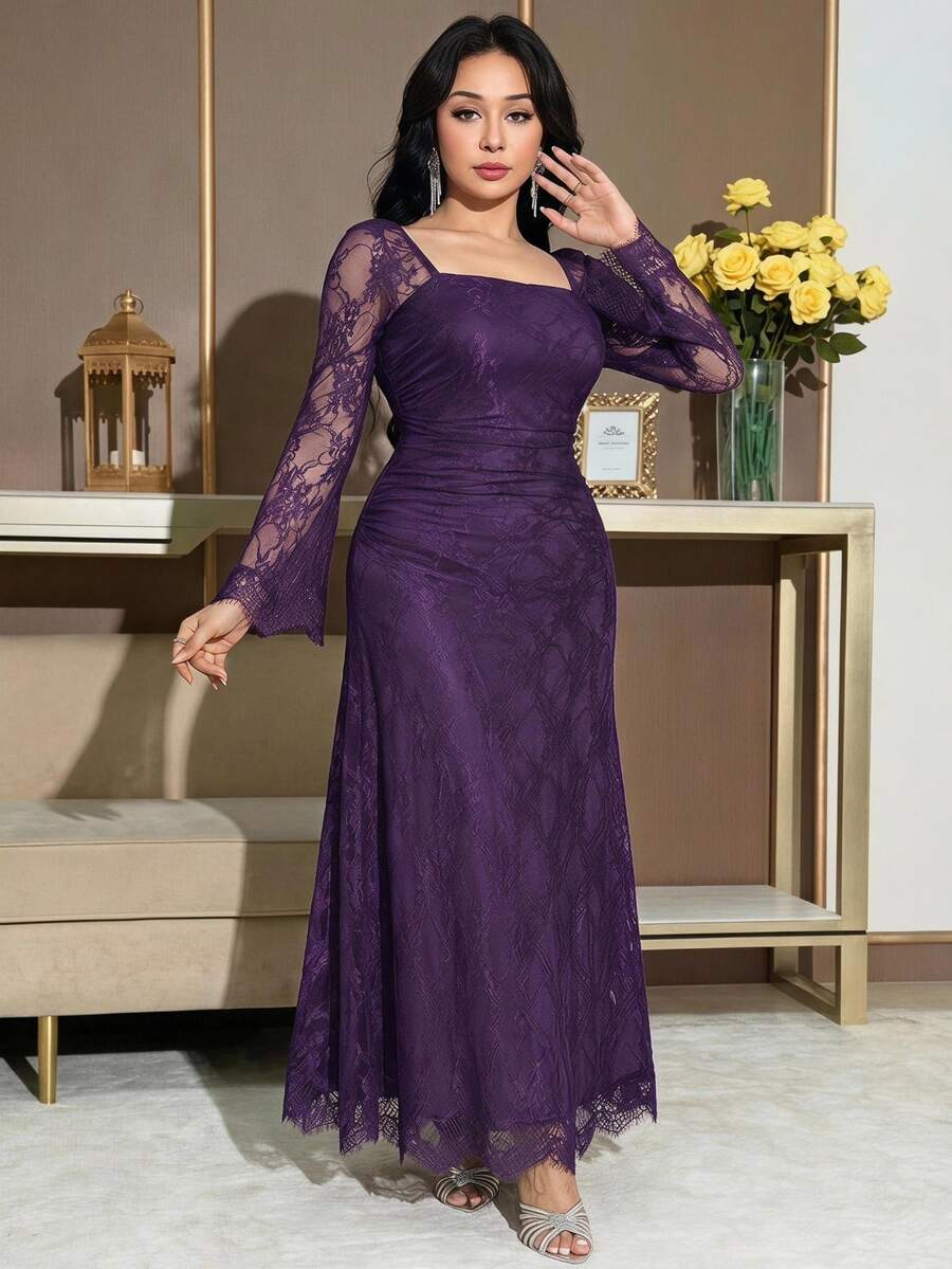 Feyla Plus Size Solid Color Square Neck Mesh Patchwork Elegant Long Sleeve Dress Autumn Wedding Dark Purple - Purple - View 1