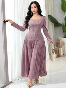 Feyla Women's Solid Color Square Neck Puff Sleeve Pearl Decor Pleated Hem Elegant Dress - Pink - View 2