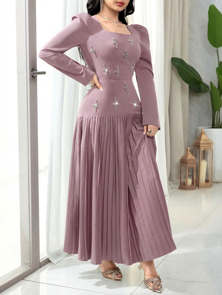 Feyla Women's Solid Color Square Neck Puff Sleeve Pearl Decor Pleated Hem Elegant Dress - Pink - View 7
