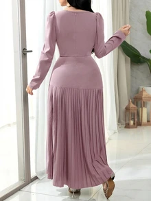 Feyla Women's Solid Color Square Neck Puff Sleeve Pearl Decor Pleated Hem Elegant Dress - Pink - View 7