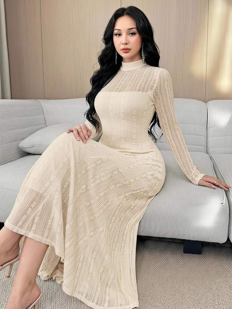 Feyla Gaun A-Line Lengan Panjang Berenda Putih untuk Wanita, Elegan dan Romantis, Kerah Tegak, Tekstur, Hem Mengembang, Panjang, Cocok untuk Pernikahan, Makan Malam, Musim Gugur - Aprikot - View 1
