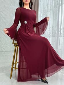 Feyla Women's Elegant Solid Color Rhinestone Decor Round Neck Flare Sleeve Dress - Burgundy - View 3