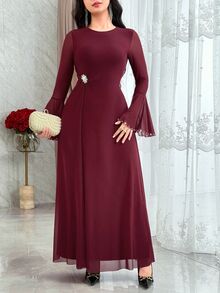 Feyla Women's Elegant Solid Color Rhinestone Decor Round Neck Flare Sleeve Dress - Burgundy - View 4