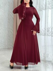 Feyla Women's Elegant Solid Color Rhinestone Decor Round Neck Flare Sleeve Dress - Burgundy - View 5