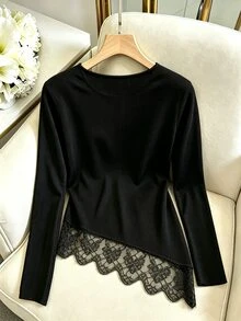 GlowEve CURVE Plus Size Women's Solid Color Round Neck Pullover Long Sleeve Lace Hem Sweater, Autumn Winter, Casual Elegant, Daily Commute Formal Date Night Black - Black - View 2