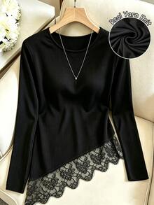 GlowEve CURVE Plus Size Women's Solid Color Round Neck Pullover Long Sleeve Lace Hem Sweater, Autumn Winter, Casual Elegant, Daily Commute Formal Date Night Black - Black - View 1
