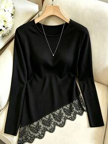 GlowEve CURVE Plus Size Women's Solid Color Round Neck Pullover Long Sleeve Lace Hem Sweater, Autumn Winter, Casual Elegant, Daily Commute Formal Date Night Black - Black - View 7