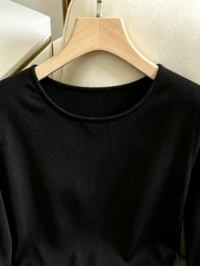 GlowEve CURVE Plus Size Women's Solid Color Round Neck Pullover Long Sleeve Lace Hem Sweater, Autumn Winter, Casual Elegant, Daily Commute Formal Date Night Black - Black - View 4