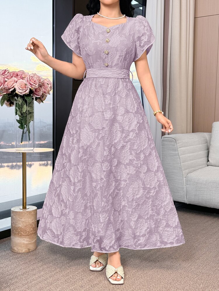 Feyla New Arrival Romantic Elegant Embroidered Jacquard Cinched Waist Slimming Casual Party Holiday Dress - Mauve Purple - View 3