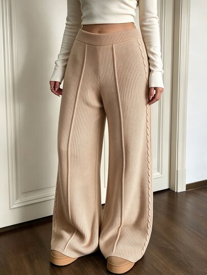 SHEIN LUNE CURVE Plus Size Women's Loose Drawstring Cable Knit High Waist Wide Leg Flare Pants Casual Elegant Formal Vacation White Soft Yellow Fall