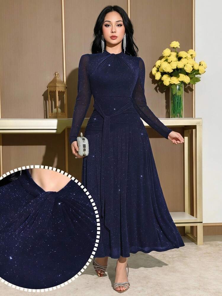 Feyla Women's Elegant Navy Blue Midi Dress For Autumn Dining,Long Sleeves Ruched Waist Tie Detail High-Elastic Shimmering Fabric Party Wedding Guest Dress - Navy Blue - View 1