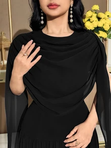 Feyla 女款純色圓領百褶披肩設計優雅端莊中長洋裝，黑色女款夏季晚餐洋裝 - 黑色 - 查看 2