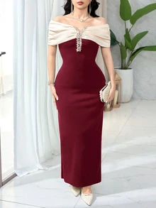 Feyla Women's Color Block Rhinestone Decor Off Shoulder Fitted Long Dress - Burgundy - View 7