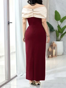 Feyla Women's Color Block Rhinestone Decor Off Shoulder Fitted Long Dress - Burgundy - View 8